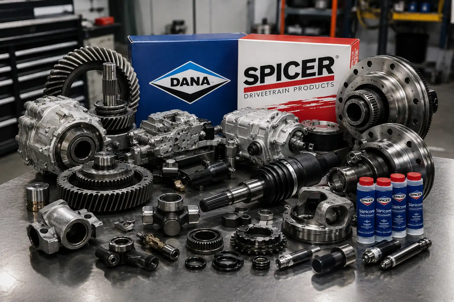 Conjunto de repuestos DANA Spicer: coronas, diferenciales, crucetas y ejes sobre mesa de taller